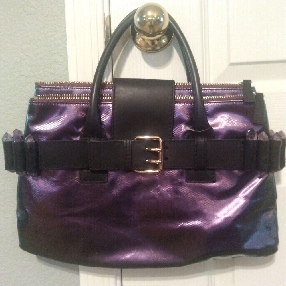 Ports 1961 Purple Metallic Leather Messenger Hand Bag Purse w/ Stone Accent